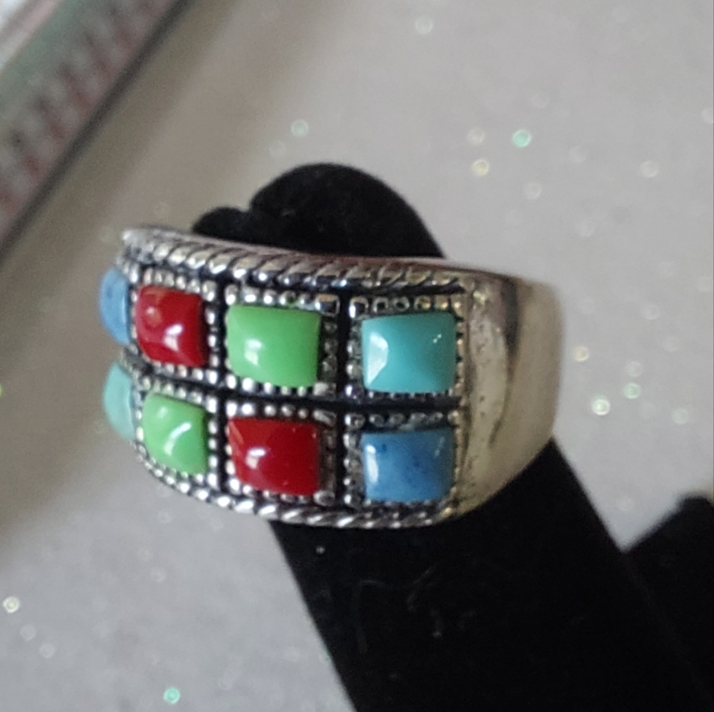 Vintage Southwestern 925 Sterling Silver Multi Stone Mosaic Grid Ring Size 7